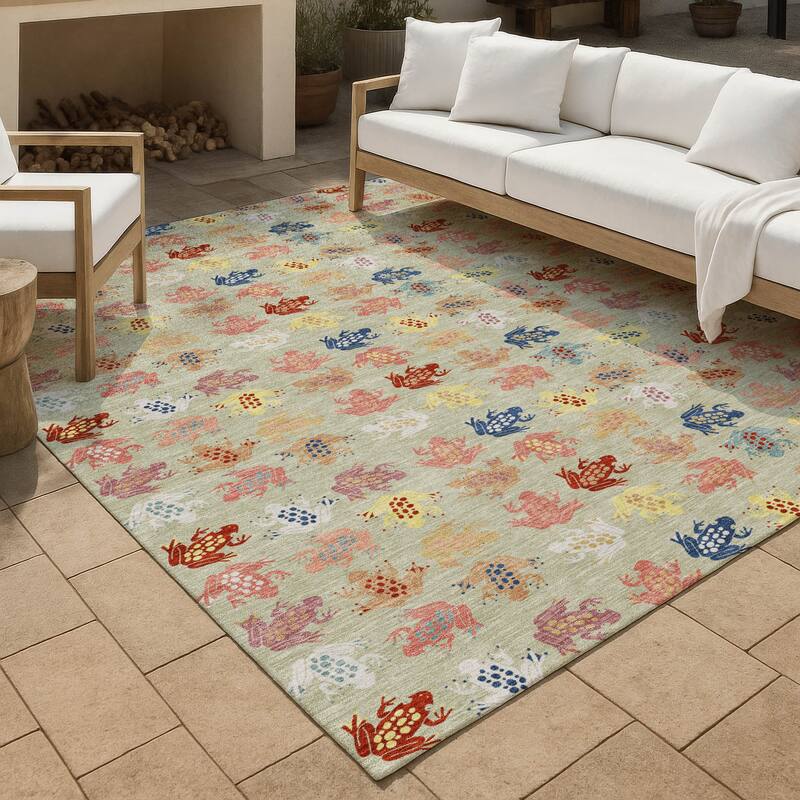 Machine Washable Indoor/ Outdoor Modern Frogs Chantille Rug - Celery - 3' x 5'