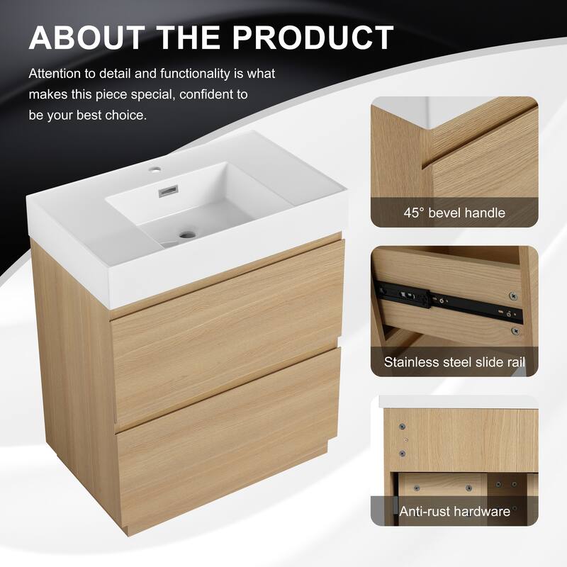 GDFStudio - Lecce Modern Freestanding Bathroom Vanity Set with Resin Sink, 2 Soft Close Drawers & Antirust Hardware