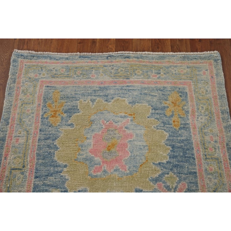 Vegetable Dye Blue Oushak Turkish Runner Rug Handmade Wool Carpet - 2'10"x 12'11"