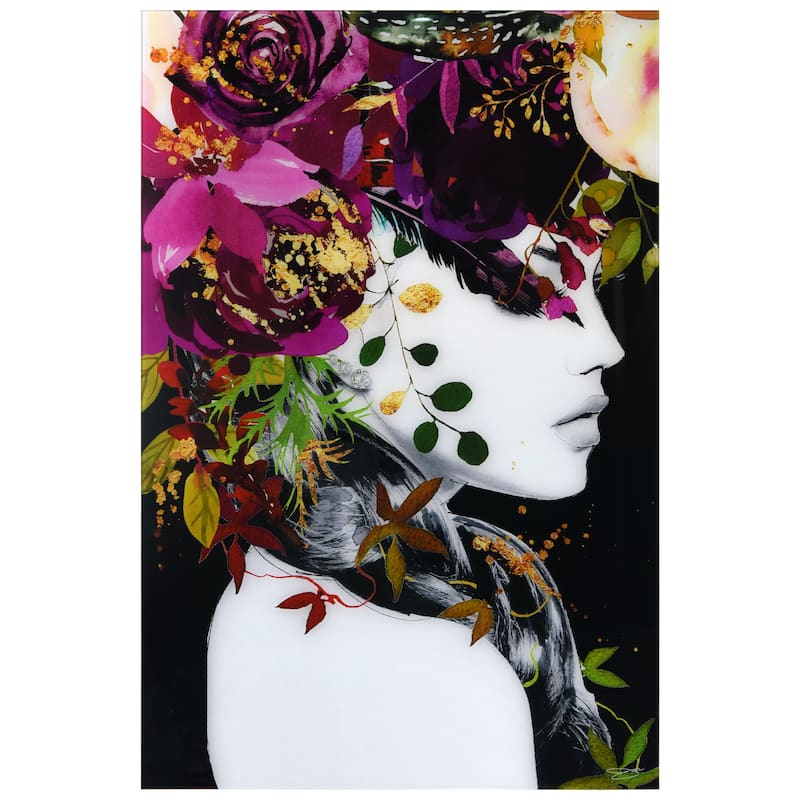 "Beautiful Women & Flowers" Frameless Free Floating Tempered Glass Panel Graphic Wall Art 24 in. x 24 in.