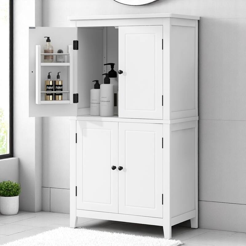 Tall Bathroom Floor Cabinet with Adjustable Shelves, Freestanding Storage Unit with 4 Doors