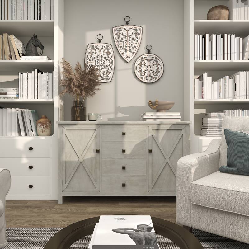 White Wooden Carved Design Floral Home Wall Decor with Ring Hanger (Set of 3)