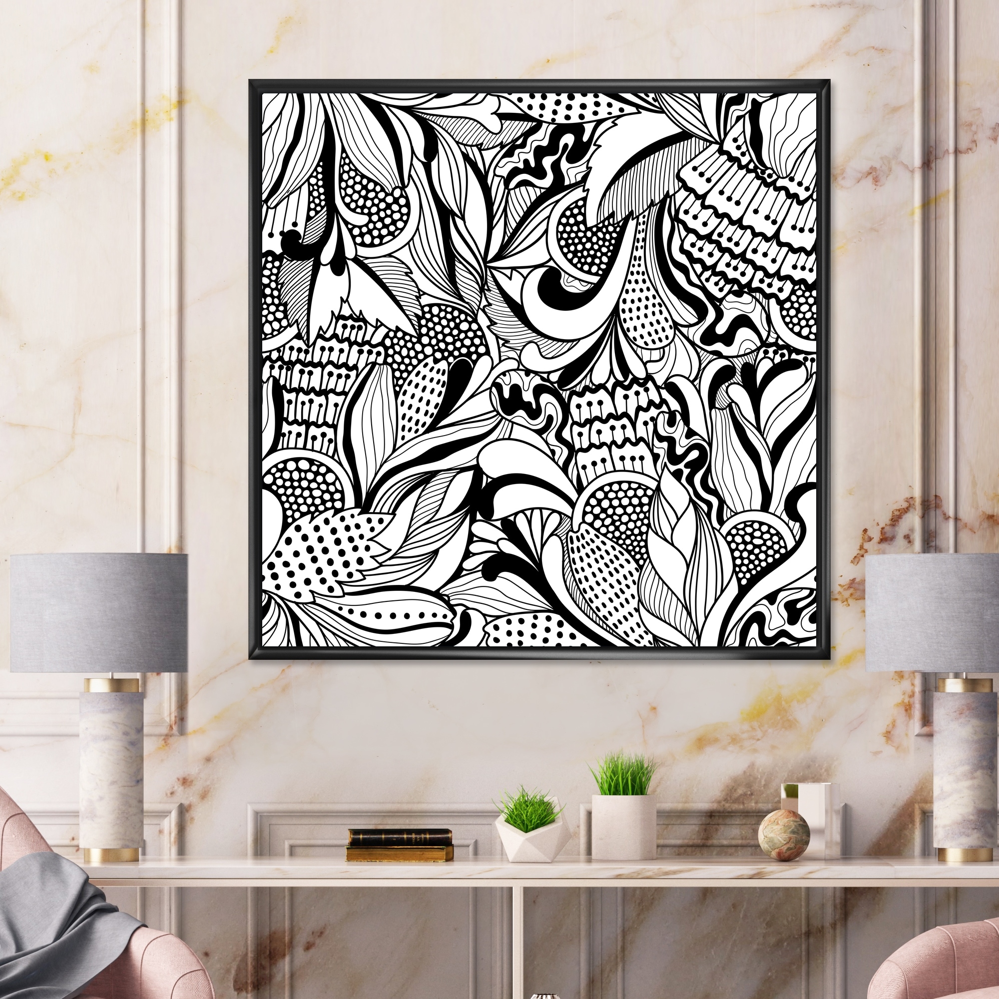Designart "Abstract Flowers In Black And White" Modern Framed Canvas Wall Art Print