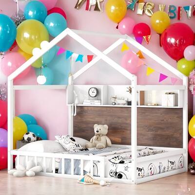 Full Size House Bed Kids Bed with Storage Shelf,Fence and Roof