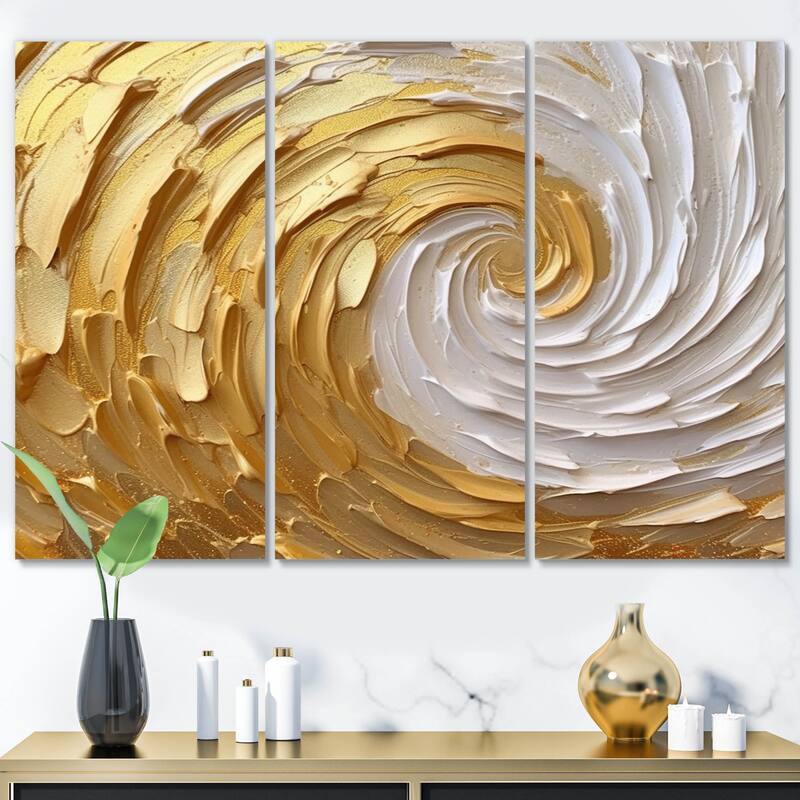 Designart "Gold and Cream Enchanted Whirls I" Abstract Spirals Metal Wall Art Set - 36 in. wide x 28 in. high - 3 Panels