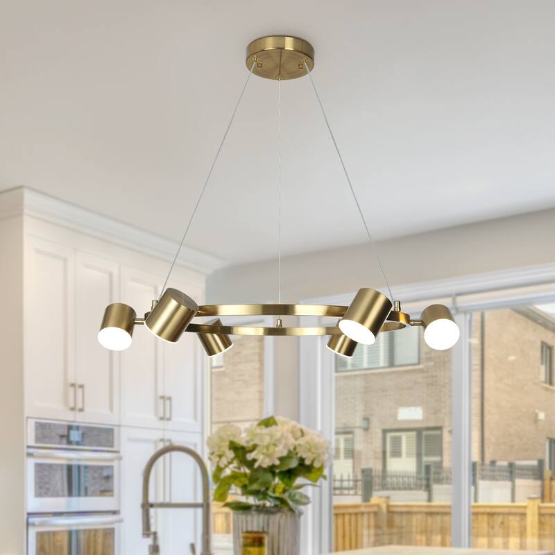 Mid-Century Modern 6-Light Gold LED Wagon Wheel Chandelier Metal Pendant Lights for Dining Room