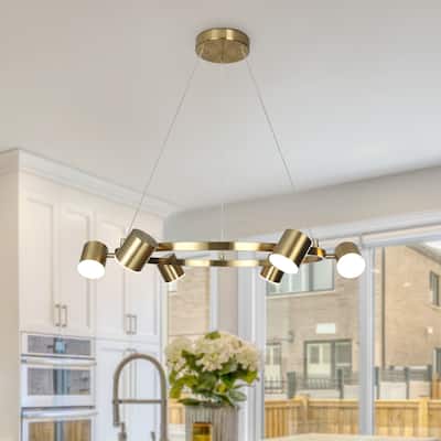 Mid-Century Modern 6-Light Gold LED Wagon Wheel Chandelier Metal Pendant Lights for Dining Room