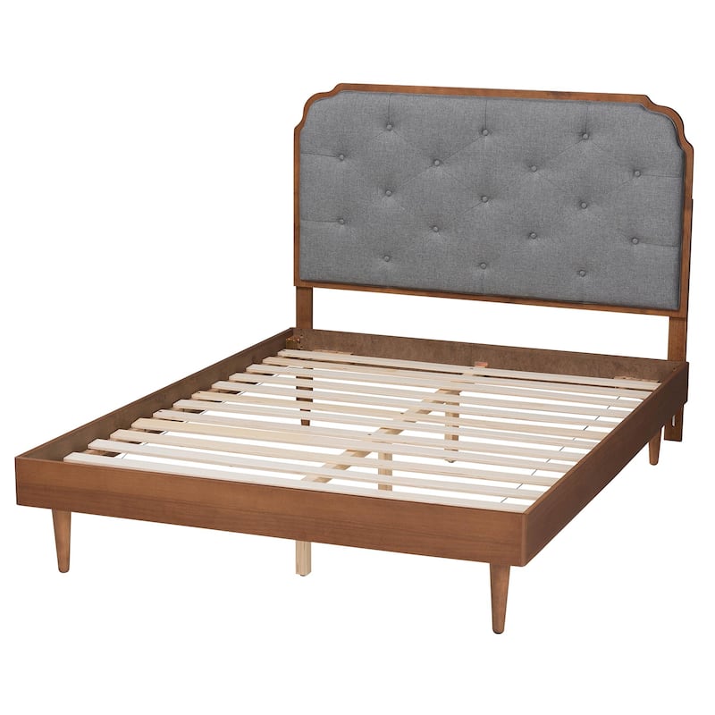 Garron Mid-Century Modern Grey Fabric and Walnut Brown Wood Queen Size Platform Bed