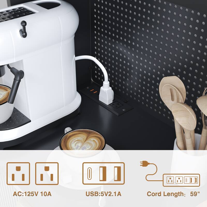 Meyreso Boho Fluted Kitchen Pantry Storage Cabinet Hutch with Microwave Stand and Power Outlets