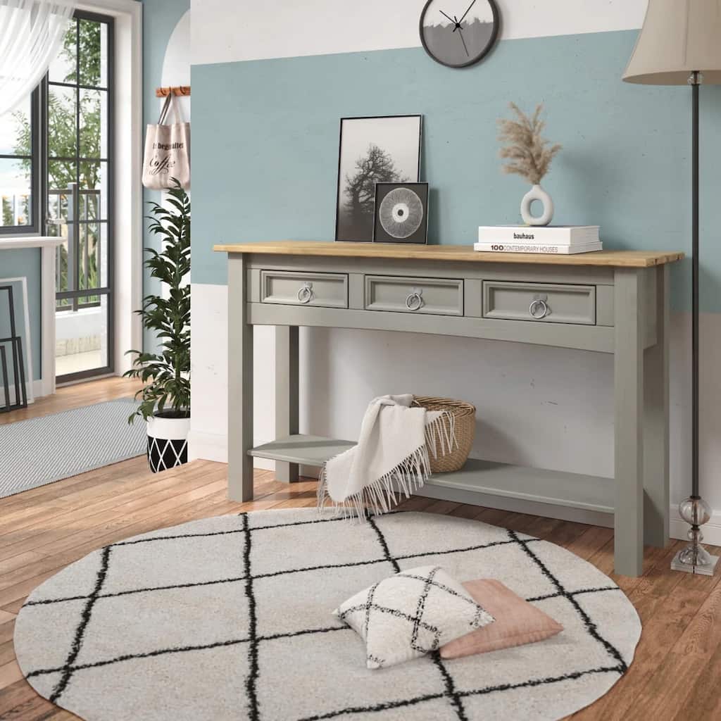 OS Home and Office Furniture Model COG933 Cottage Series Wood Three Drawer Hall Table Console in Corona Gray