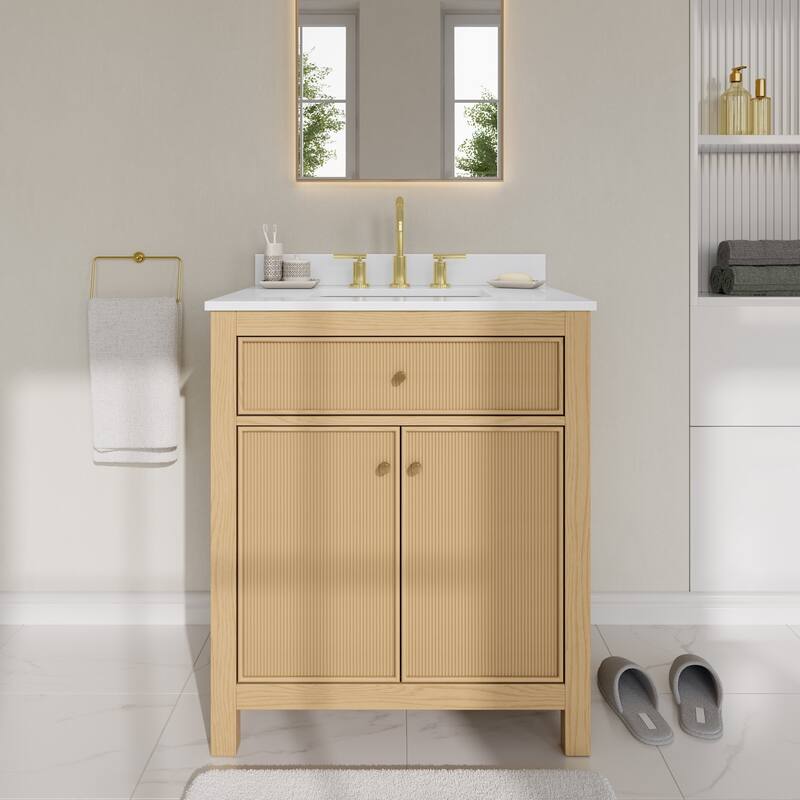 Wyndham Collection WCF9292-30S-QTZ-US3MXX Pendry 30" Free Standing - Tanned Oak / White Quartz Top / Brushed Gold
