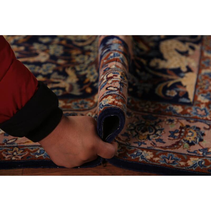 Vegetable Dye Blue Animals Isfahan Persian Vintage Wool Carpet - 3'4" x 5'3"