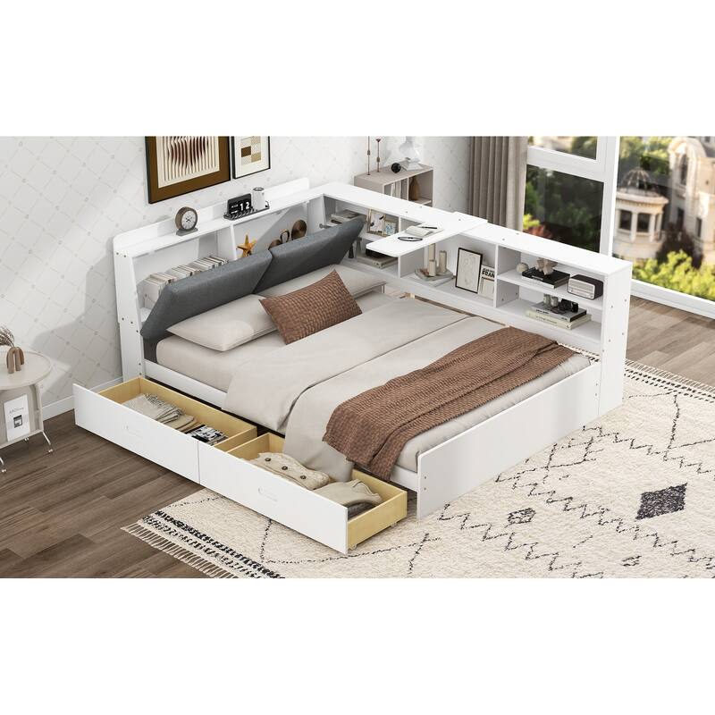 Full Size Platform Bed Frame with Storage Headboard, Shelves and Drawers, Wooden Frame, No Box Spring Needed for Bedroom
