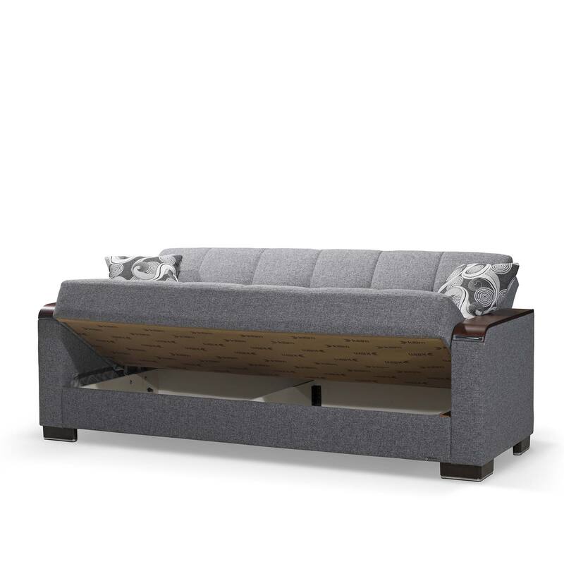 HomeRoots 87" Gray Chenille Convertible Futon Sleeper Sofa And Toss Pillows With Storage