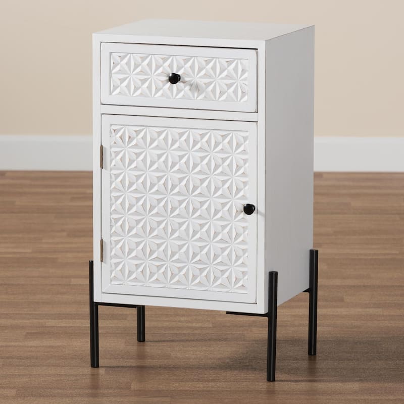 Nefeli Mid-Century Transitional White Finished Wood and Black Metal 1-Drawer Storage Cabinet
