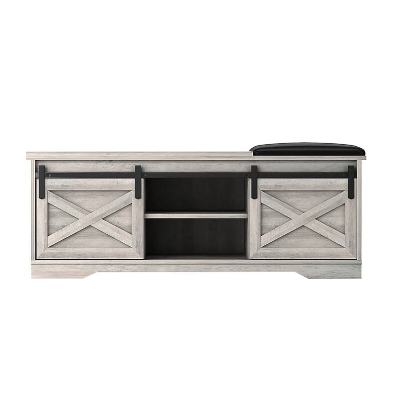 HomeRoots 47" Gray Faux Leather Upholstered Storage Bench with Shelves - 47.24 in. x 17.72 in. x 15.35 in.