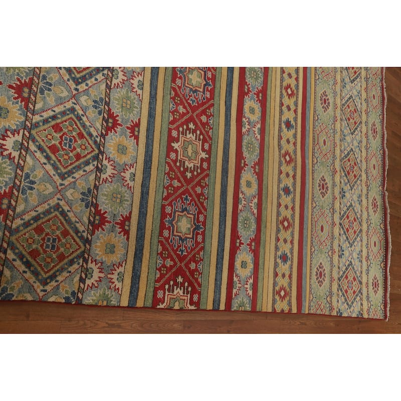 Striped Kazak Oriental Area Rug Hand-Knotted Wool Carpet - 9'10"x 13'2"