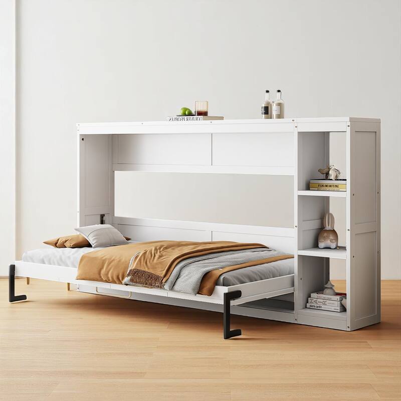 Foldable Twin Murphy Bed with Built-in Bookshelves, Wood Slats and Cabinet Design, Space Saving