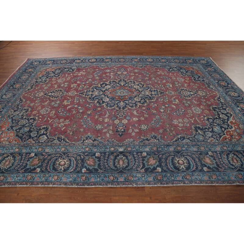 Distressed Traditional Mashad Persian Antiqu Rug Handmade Wool Carpet - 8'4"x 11'5"