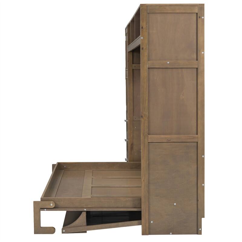 Full Size Murphy Bed Wall Bed with Bulit-in Wardrobe and 3 Storage Drawers, Folding Murphy Cabinet Bed with Open Shelves