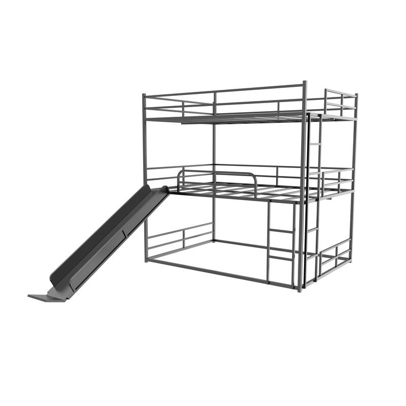 Full Size Metal Loft Bed with Slide, Ladder, and Side Shelf