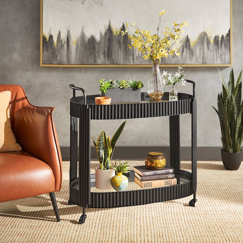 Anaconda Black Finish Metal Oval Bar Cart with Clear Tempered Glass by iNSPIRE Q Modern