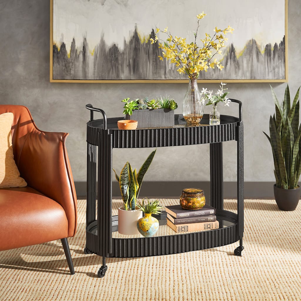 Anaconda Black Finish Metal Oval Bar Cart with Clear Tempered Glass by iNSPIRE Q Modern