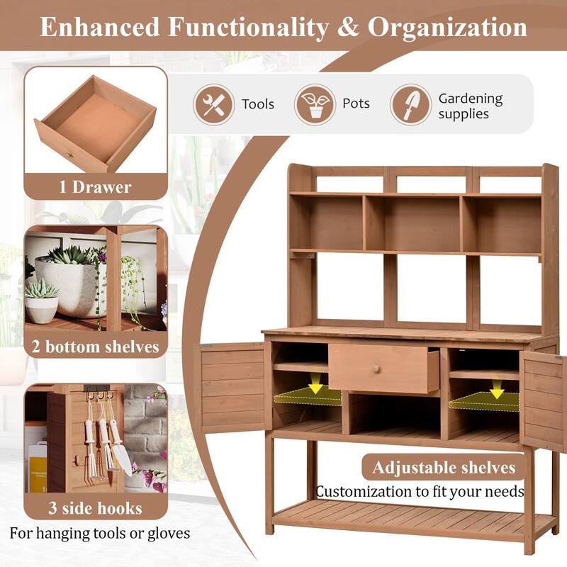 Potting Bench Garden Workstation with Hutch, Drawer & Adjustable Shelves, 50.2x19.7x66.1 Inch Outdoor Garden Work Table