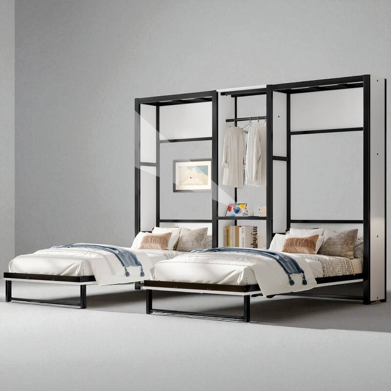 Twin Size Foldable Metal Murphy Bed with Wardrobe, Shelves, and Power Outlet, Space-Saving 2-in-1 Design