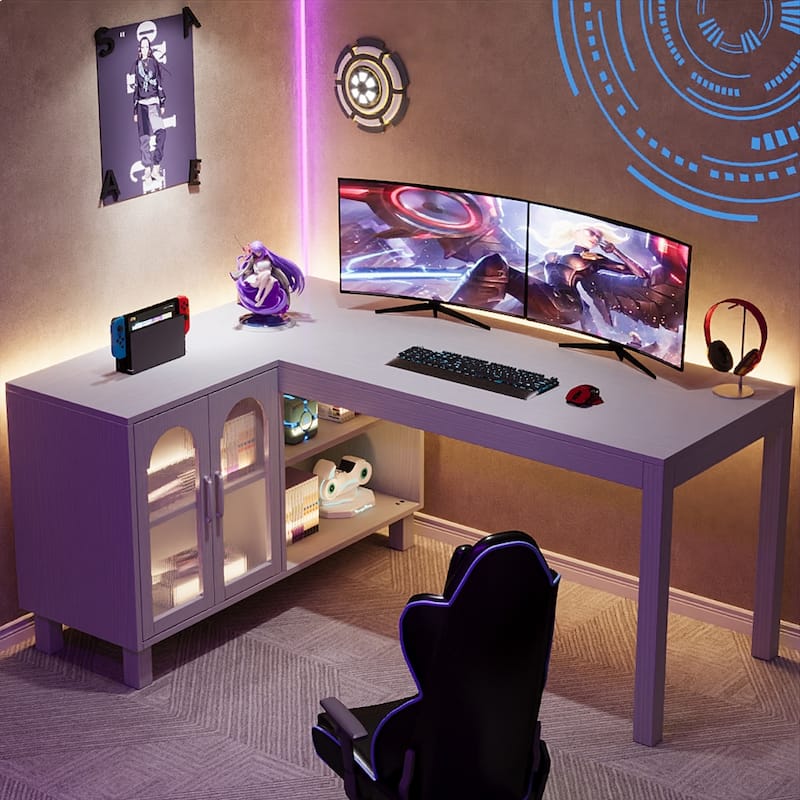 L Shaped Executive Desk with File Cabinet and Shelves, Corner Desk for Home Office