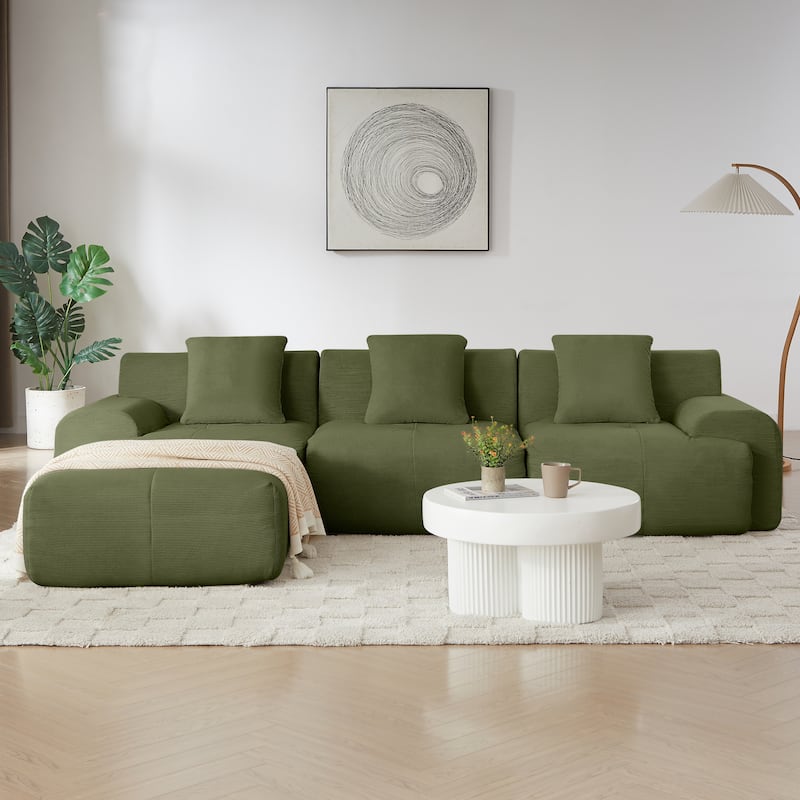 Livingroom L-Shaped Corduroy Sectional Sofa, Modular Couch 3 Seat Straight Sofa with Movable Ottoman