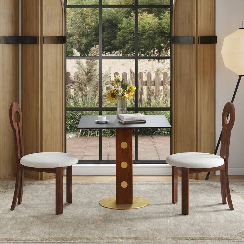 Modern Square Dining Table, 33.5" Sintered Stone Table with Wooden Leg & Gold Base, 2 - Person Kitchen Table for Small Space - Black,Walnut