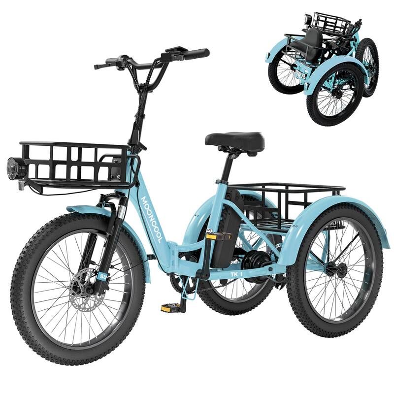 DoCred Electric Folding Tricycle for Adult with Front and Rear Baskets - Blue