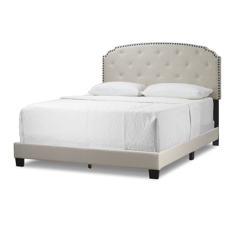 Arin Beige Fabric Queen Bed with Button Tufting and Black Nail Head