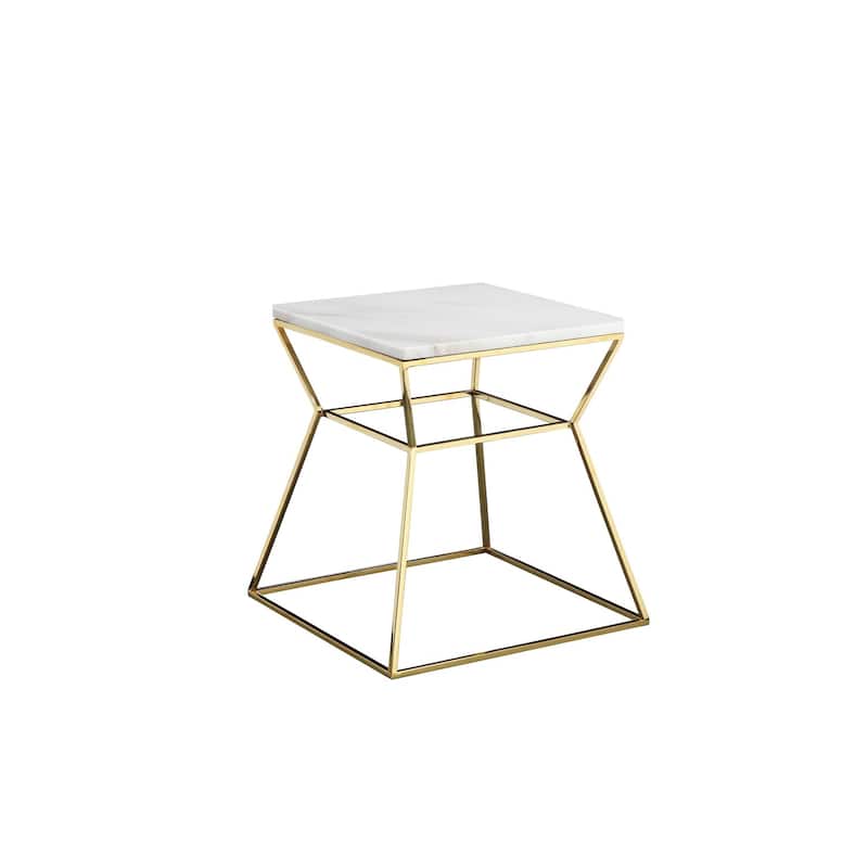 18 in. White and Gold Rectangle Faux Marble End Table, Durable Hourglass Frame