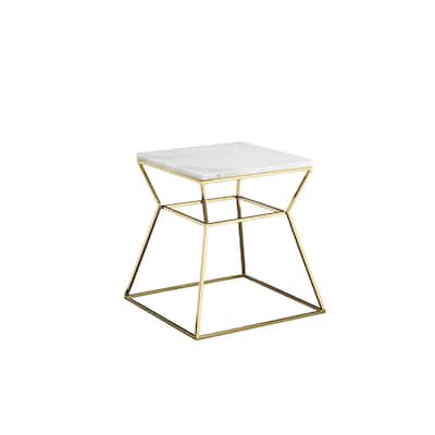 18 in. White and Gold Rectangle Faux Marble End Table, Durable Hourglass Frame