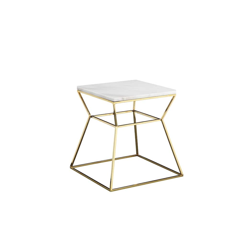 18 in. White and Gold Rectangle Faux Marble End Table, Durable Hourglass Frame