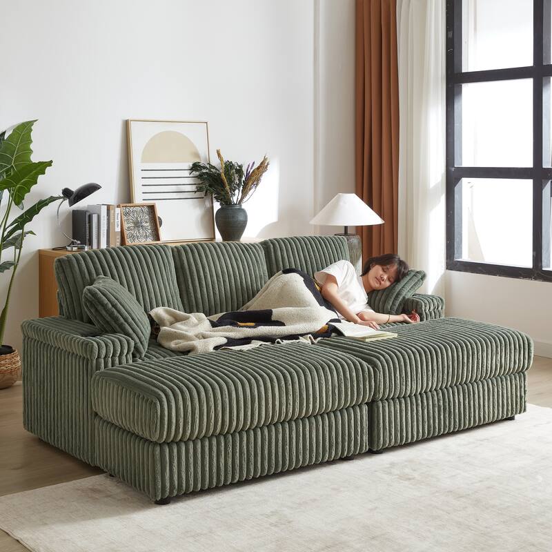 Deep Seat Sectional Loveseat Set with 2 Ottoman and 2 Pillows, Corduroy Chaise Lounge Bed with 2 Storage Spaces and Cupholding