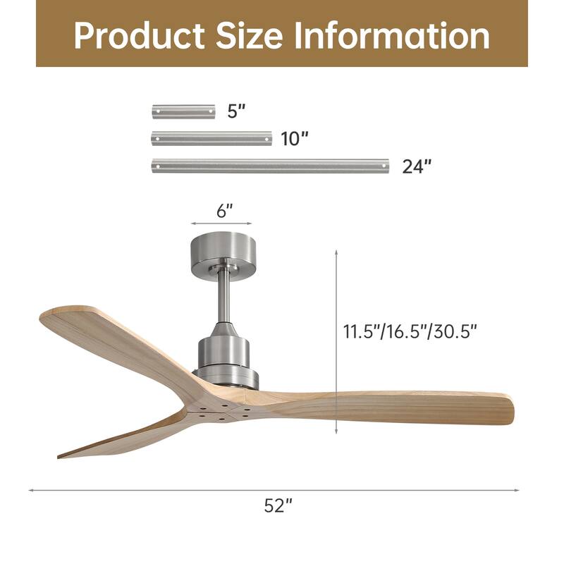 52''/60" Large Ceiling Fan without Lights, Remote Control and Reversible Motor Included, 3 Wood Blades