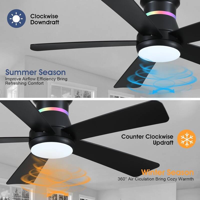 Kviflon 46 Inches RGB Flush Mount Ceiling Fan with Light and Remote,DC Motor,for Living Room Bedroom - 46 Inches
