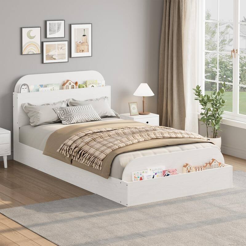 Twin Size Bed Frame, Wooden Beds with Storage Headboard and Raised-Foodboard, Floor Low Platform Bed