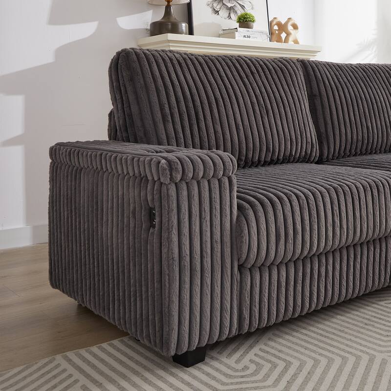110" Corduroy L-Shaped Sectional Sofa with Storage, USB Charging and Cup Holders