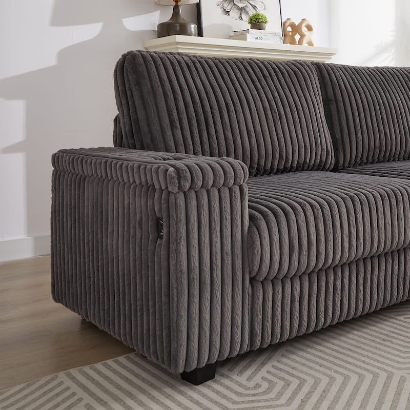 Dark Grey 110" Oversized Corduroy L-Shaped Corner Sectional Sofa with Storage Armrest, Cup Holder, USB & Type-C Ports