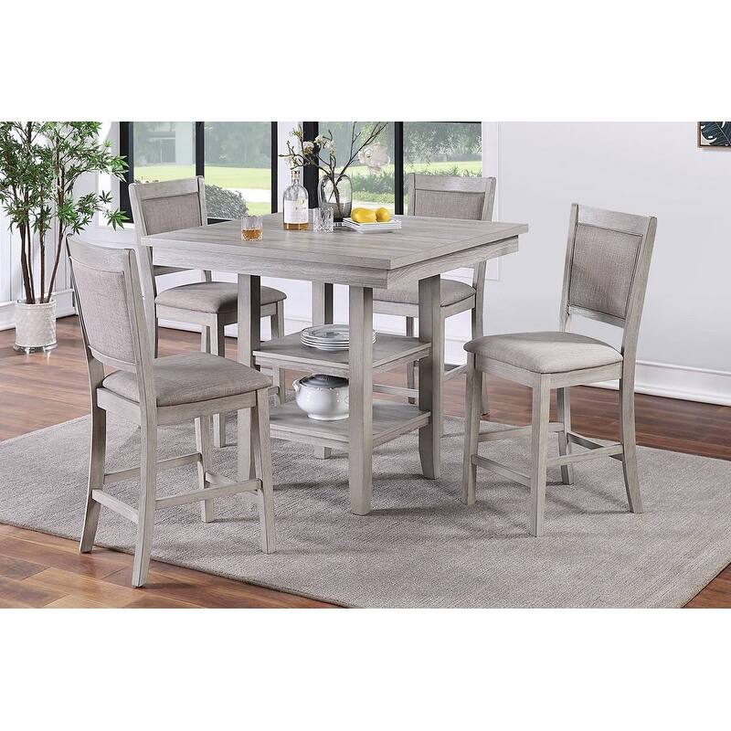 Dining Room Furniture Counter Height 5pc Set Square Table w Shelves Cushion Chairs Modern Style Rustic Grey