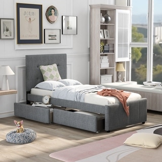 Twin Linen Upholstered Platform Bed with Headboard and Drawers