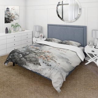 Designart "Asian Art Sumi Bird Serenity XIV" Grey Global - Bedding Cover Set With Shams