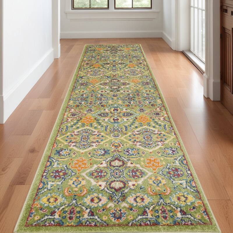 Heyu Power Loomed Floral Traditional Low Pile Area Rug By HomeRoots - 120' X '27' X '0.25 - 120' X '27' X '0.25 - Green/Teal - Runner