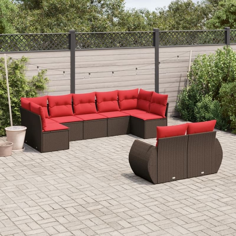 vidaXL 9 Piece Patio Sofa Set with Cushions Grey Poly Rattan - 24.4" x 24.4" x 27.2" - Brown and red Without table
