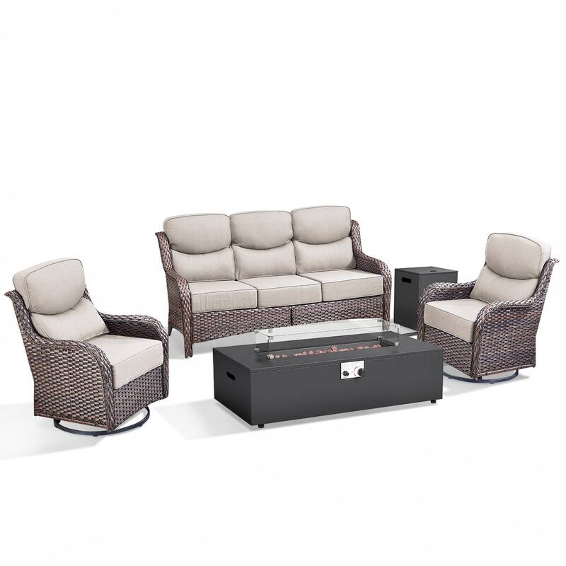 Pocassy 43" Fire Pit w/ Outdoor Sofa Swivel Chair Ottoman Set