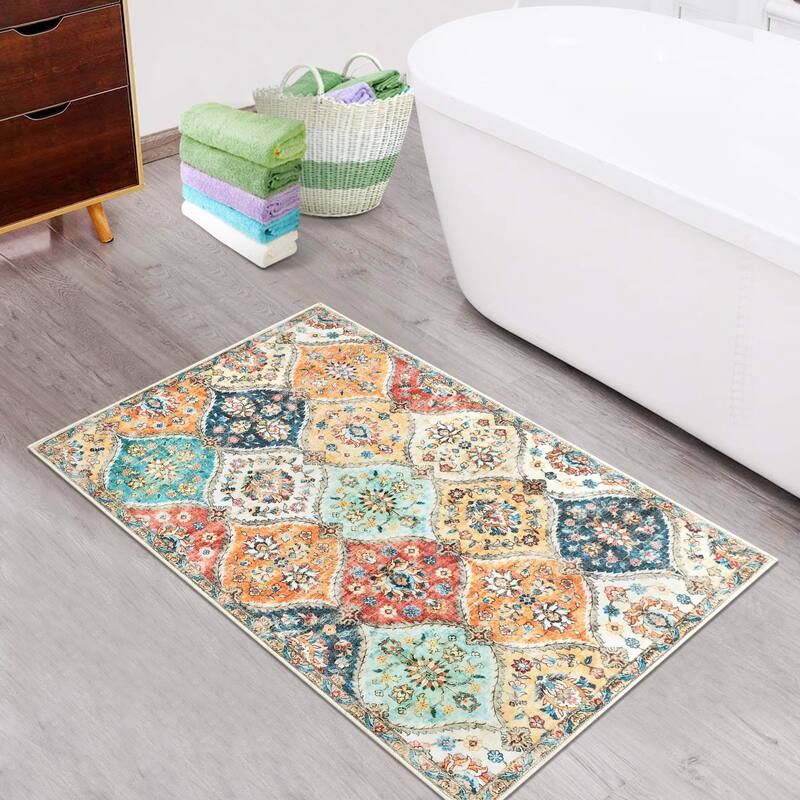 Rugs for Living Room Vintage Oriental Trellis Area Rug Soft Non Slip Low Pile Accent Rugs for Dining Room Office